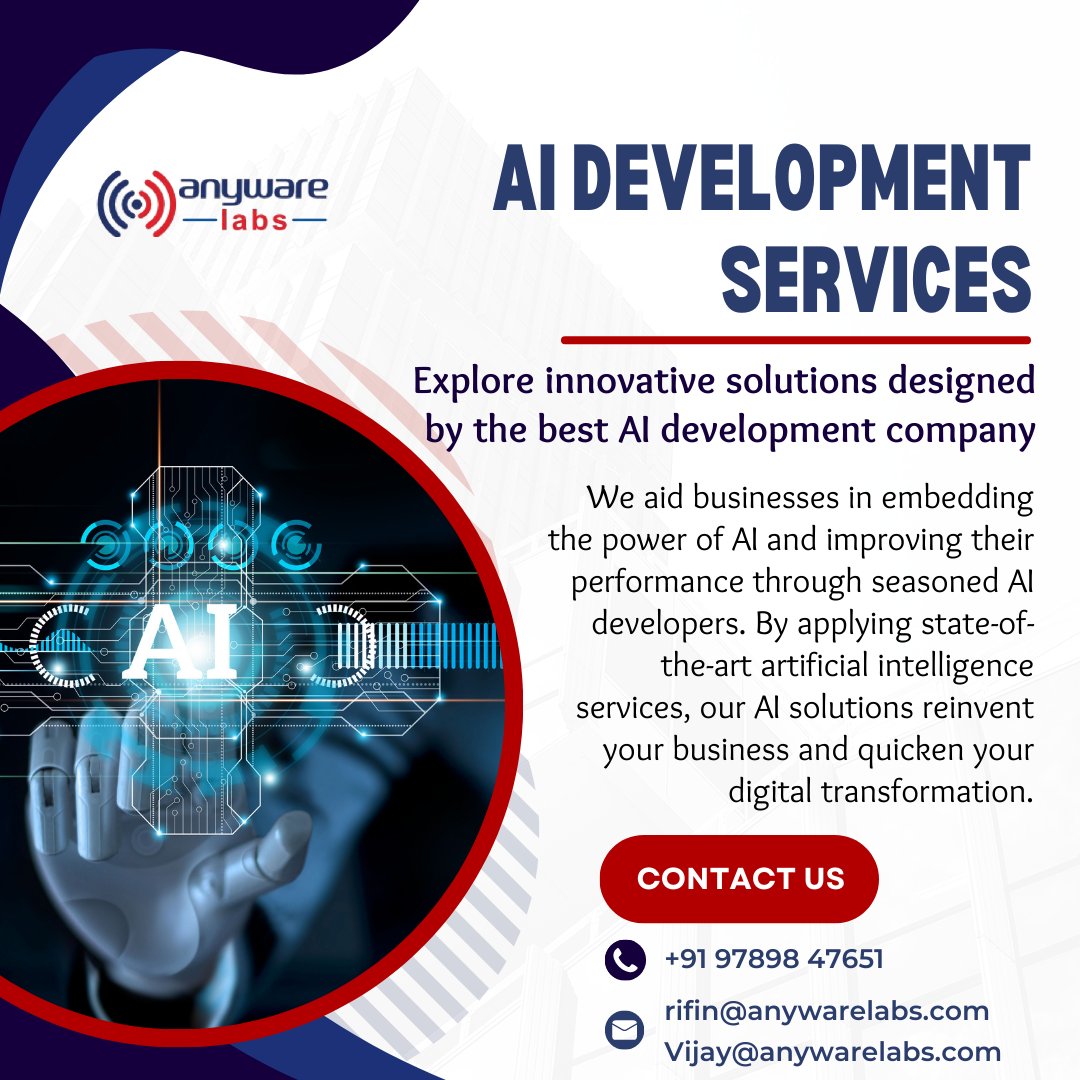 anywarelabsch's tweet image. 👉 AI Development Services

🌐Visit: anywarelabs.com
📱 Call @ 09789847651
📩 Mail to rifin@anywarelabs.com
vijay@anywarelabs.com   

#anywarelabs #ai #artificialintelligence #automation #innovation #automationsolutions #aicompany #aiservices #aidevelopment #aitechnology