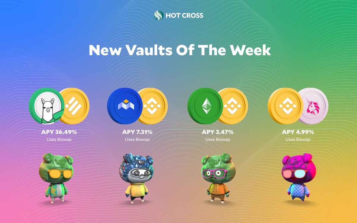 🚜 New Vaults of the Week on Cross Yield 🔷 $ALPACA - $BUSD 36.49% @AlpacaFinance 🔷 $MBOX - $BNB 7.31% @MOBOX_Official 🔷 $ETC - $BNB 3.47% @eth_classic 🔷 $BNB - $UNI 4.99% @Uniswap ✨ Win juicy rewards with Auto Compound on Cross Yield. 📍 hotcross.link/YIELD