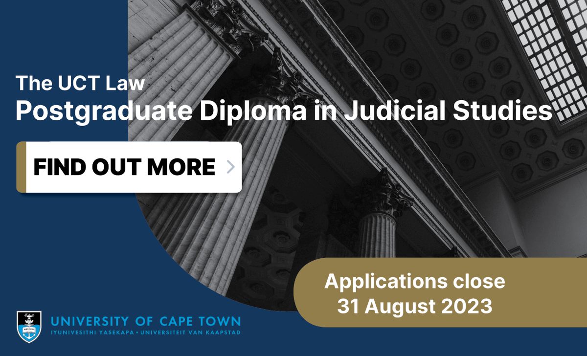 JIFA_Official's tweet photo. Apply for the @UctLaw Postgraduate Diploma in Judicial Studies. Learn how to navigate the obstacles and polycentric issues of broad constitutional law, and how to balance judicial independence, impartiality, and accountability. 
Find out more: https://t.co/eJfOIKD5FS
#UCTLaw https://t.co/5BwIAVvpWz