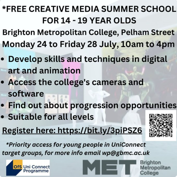 Please share with any students who may be interested

FREE CREATIVE MEDIA SUMMER SCHOOL  @BrightonMETcoll 
Monday 24 to Friday 28 July, 10am to 4pm 👇