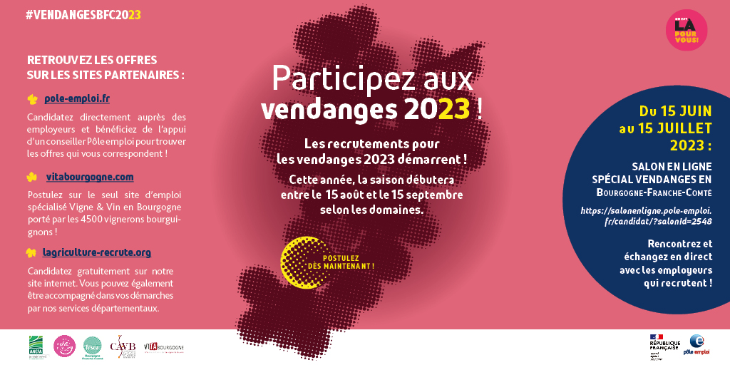 #VendangesBFC2023 🍇 Les vendanges arrivent à grand pas ! Chaque année représentent de belles opportunités d'#emploi dans notre région #BFC avec <a href="/VitaBourgogne/">VITA Bourgogne</a> <a href="/oselagri_anefa/">ANEFA - Emploi & Formation en Agriculture</a> @FRSEA
Plus d'information ➡️ plmpl.fr/c/fE2UK