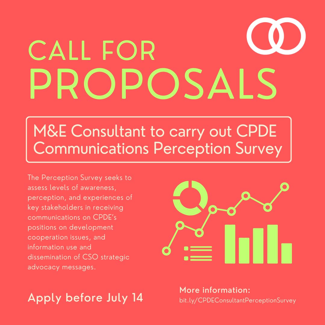 📢CALL FOR PROPOSALS: M&E Consultant to carry out CPDE #Communications #PerceptionSurvey
🤓More info and apply before 14 July 2023: bit.ly/CPDEConsultant…  
#CallForProposals #M&E #CivilSociety #CSOPartnership #JobPost #Consultancy @IbonInternatl @ituc @ipmsdl_ @realityofaid