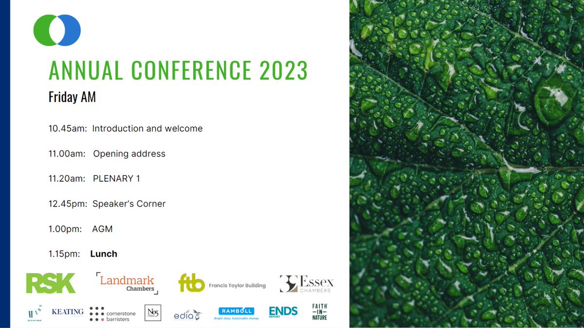 UKELA_LAW's tweet image. Hello 👋 - we're live from Reading today!  And are very excited to see so many of you again in person.  Here's the programme for this am. 👇

#UKELA2023 #EnvironmentalLaw