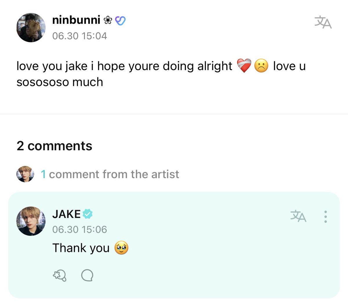 [ #제이크’s Reply ] 230630

OP: love you jake i hope youre doing alright ❤️‍🩹☹️ love u sosososo much

#JAKE: Thank you 🥹

<a href="/ENHYPEN_members/">ENHYPEN</a> <a href="/ENHYPEN/">ENHYPEN OFFICIAL</a> #ENHYPEN #엔하이픈