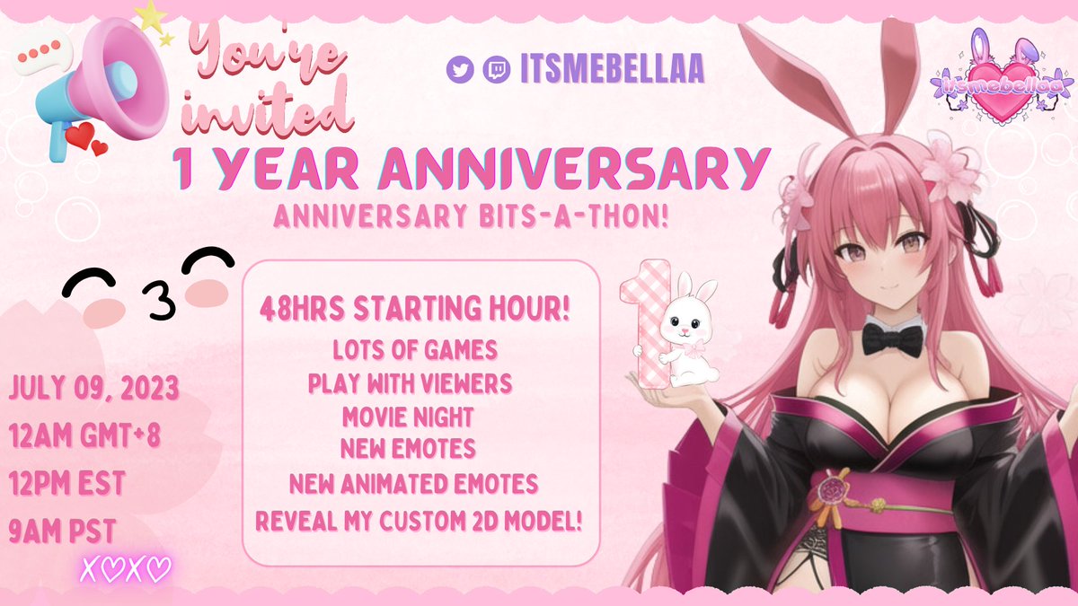 You're invited! July 09, 2023. Celebrate with me! 🌸📷🎉twitch.tv/itsmebellaa

I'm so dumb. I finally figure out how to check my Anniversary date on Twitch. It's not July 11, It was 09. Kekw!

Here's the latest post! Thank you guys!🌸
#ENVtuber #VtuberUprisings