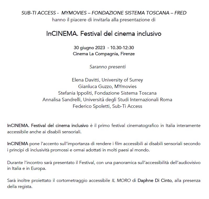 Excited to join a roundtable on #accessibility for the launch of an inclusive film festival. Thx Federico Spoletti, Sub-Ti ltd, Fredfilm radio, Fondazione Sistema Toscana, MYmovies.it. 🤩We'll be screening our <a href="/SMARTatSurrey/">SMART</a>'s video on interlingual live #subtitling 🤩