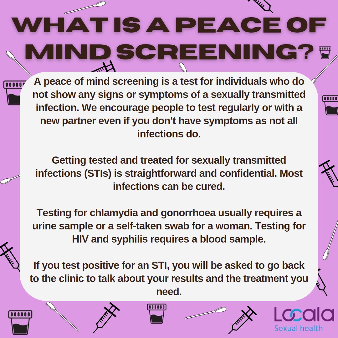 Locala_Safesex's tweet photo. What is a Peace of Mind Screening❓
If you’ve had unprotected sex, especially if it’s with a new partner, you should have an STI test even if you don’t have any symptoms.
Get tested now! ➡️ @sh24_nhs
#LocalaSexualHealth #STITesting #STIScreening #GetTested #KnowYourStatus https://t.co/sq9KqefN0Y