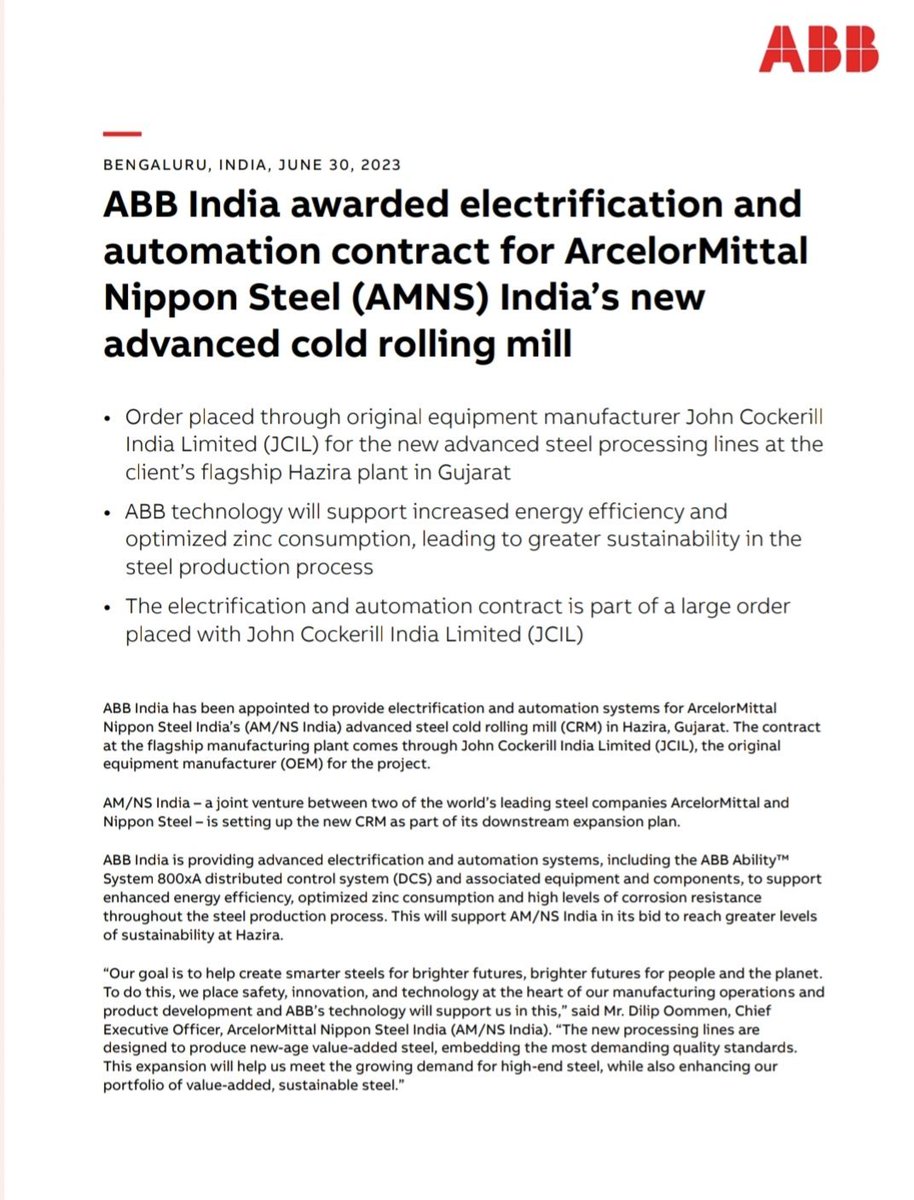 BhartiyNiveshak's tweet image. #ABB India awarded electrification &amp;amp; automation contract for #ArcelorMittal Nippon Steel (AMNS) India’s new advanced cold rolling mill. Order placed through OEM John Cockerill India for new advanced steel processing lines. 

#COCKERILL