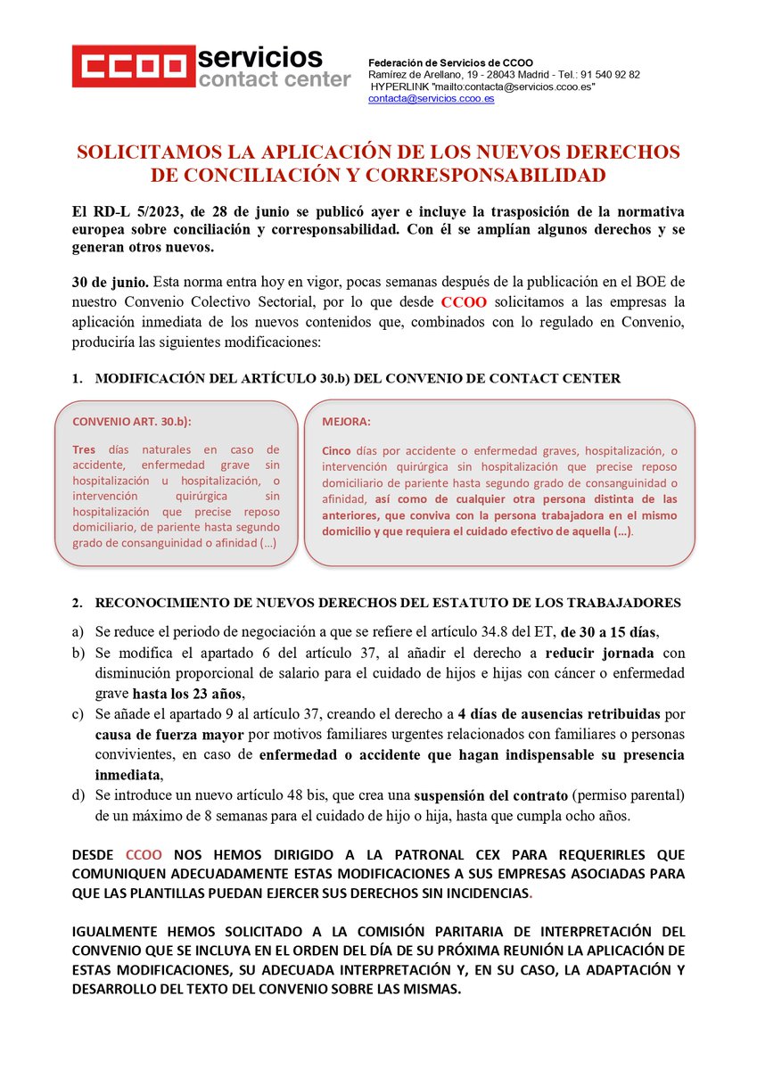 ☝️Entran en vigor nuevos permisos y pedimos a las empresas:

- Abrir procedimientos para su solicitud 
- Instrucciones claras a los mandos intermedios
- Que cualquier duda de interpretación se resuelva en la Comisión Paritaria de Convenio

#24AñosGenerandoDerechos
#ContactCenter