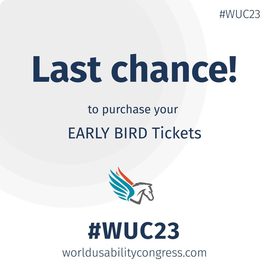 ⏰🎟️ Today is your final chance to get the early bird tickets for the World Usability Congress 2023!

Take advantage of this last-minute offer and secure your spot now! 
Visit worldusabilitycongress.com/tickets to grab your tickets! 

We look forward to seeing you there!