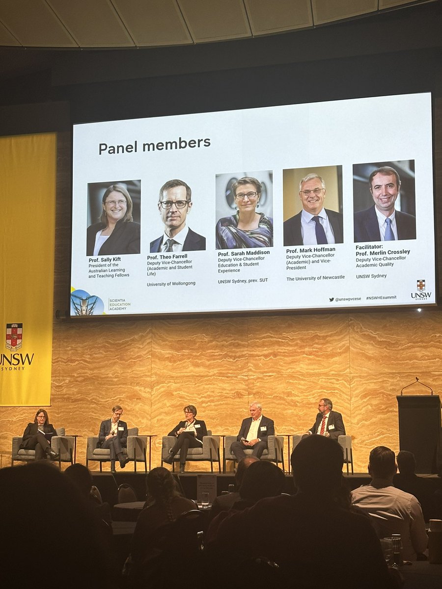 Jack Goodman (@jackaroo2000) on Twitter photo Enjoying this #NSWHEsummit with <a href="/KiftSally/">Sally Kift</a> and <a href="/MerlinCrossley/">Merlin Crossley</a> and others on this panel. Great points by @ProfAstroSarah re the impact of remote working and AI on higher Ed.
And last, well done to the panelists sitting in the right order under the slide! Enjoying this #NSWHEsummit with <a href="/KiftSally/">Sally Kift</a> and <a href="/MerlinCrossley/">Merlin Crossley</a> and others on this panel. Great points by @ProfAstroSarah re the impact of remote working and AI on higher Ed.
And last, well done to the panelists sitting in the right order under the slide!