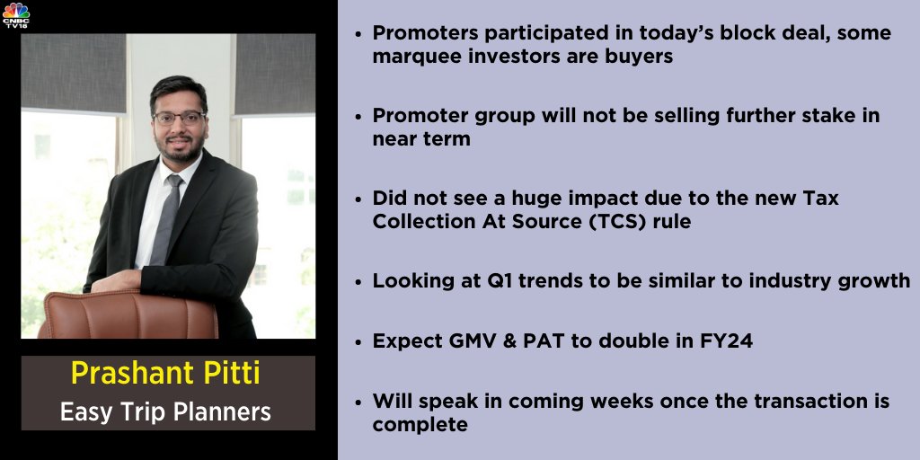 CNBCTV18Live's tweet photo. #OnCNBCTV18 | #PromoterGroup will not be selling further stake in near term. Expect #GMV & #PAT to double in #FY24, says Prashant Pitti (@ppitti) of Easy My Trip https://t.co/ZxNXGCdm1k