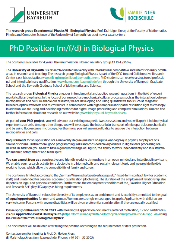 📢Open #PhDposition! Are you interested in the intracellular transport of microparticles &amp; interaction between microparticles &amp; cells? Look at this PhD opportunity in the Prof Holger Kress <a href="/unibt/">Universität Bayreuth</a> group! #fluorescencemicroscopy  #microfluidics #magnetictweezers  #BiologicalPhysics