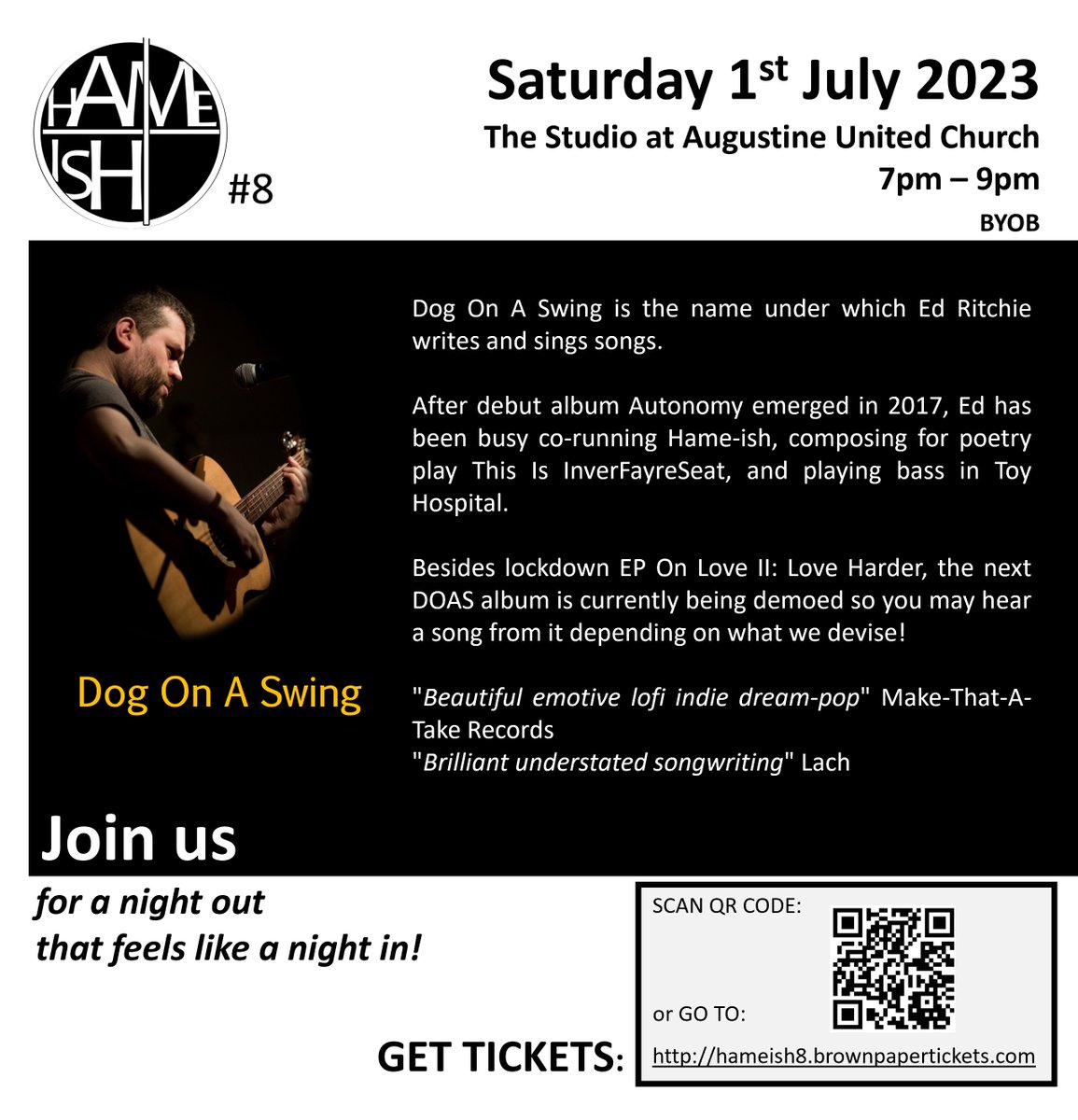 #Hameish8 is TOMORROW at Augustine United Church! Mon down and join us, or tell your pals about it if you can't. Advance ticket sales end tomorrow morning, so nab a cheaper ticket today! hameish8.brownpapertickets.com

Here is the last bio from co-runner <a href="/dogonaswing/">Dog On A Swing</a>...