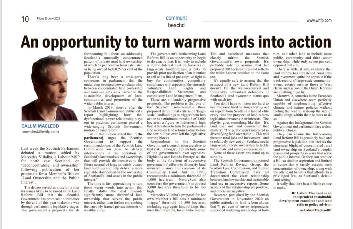 My ⁦@WHFP1⁩ comment piece on the the political choice facing the Scottish Government ahead of the forthcoming Land Reform Bill being introduced to Parliament and why the landed elite’s arguments against it don’t stack up. #PublicInterest #LandJustice