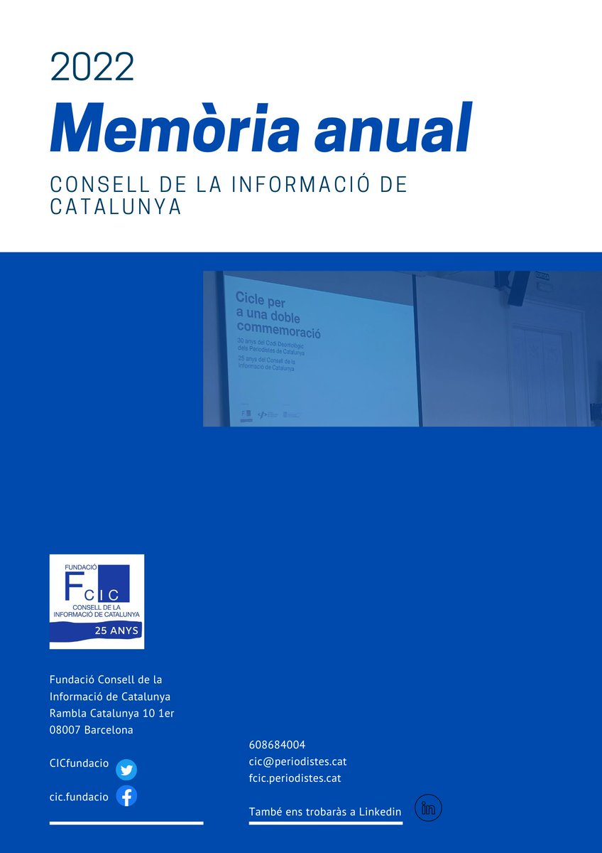 🔵La Fundació CIC aprova la memòria de 2022 amb les queixes tramitades i activitats
🗣️Un any per reivindicar el Codi Deontològic
➡️CONSULTA LA MEMÒRIA d’activitats  del Consell de la Informació de Catalunya a la nostra web
fcic.periodistes.cat/2023/06/28/el-…