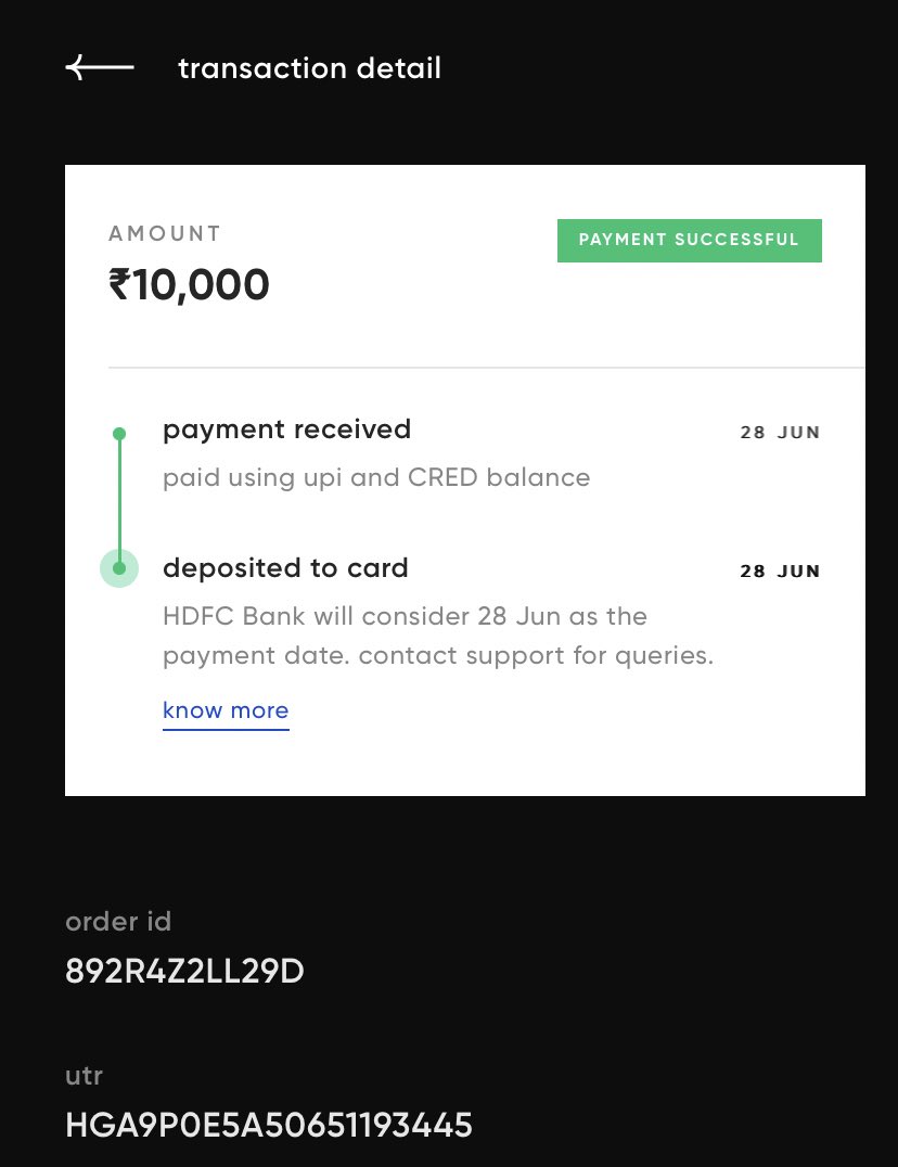 being_agarwal's tweet photo. @CRED_club 
I have made a transaction on 28th June but did not get any confirmation either from cred or HDFCbank. 
Kindly check and update. https://t.co/erMgRNXIBE