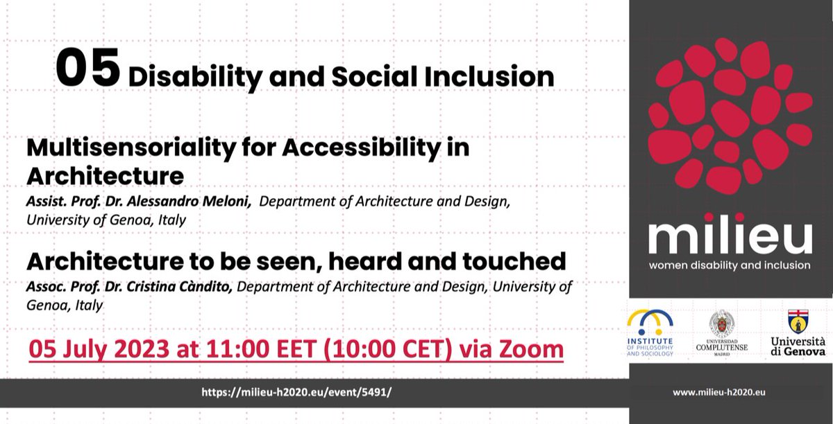 📢Seminarios online:  
▶️"Multisensoriality for Accessibility in Architecture” por Alessandro Melon
▶️"Architecture to be seen, heard and touched” por Cristina Candito (Univ. Génova)
🗓️Miércoles 5 de Julio ⏰ 10:00 h. En inglés y gratuitos
📌Inscripciones: milieu-h2020.eu/event/5491/