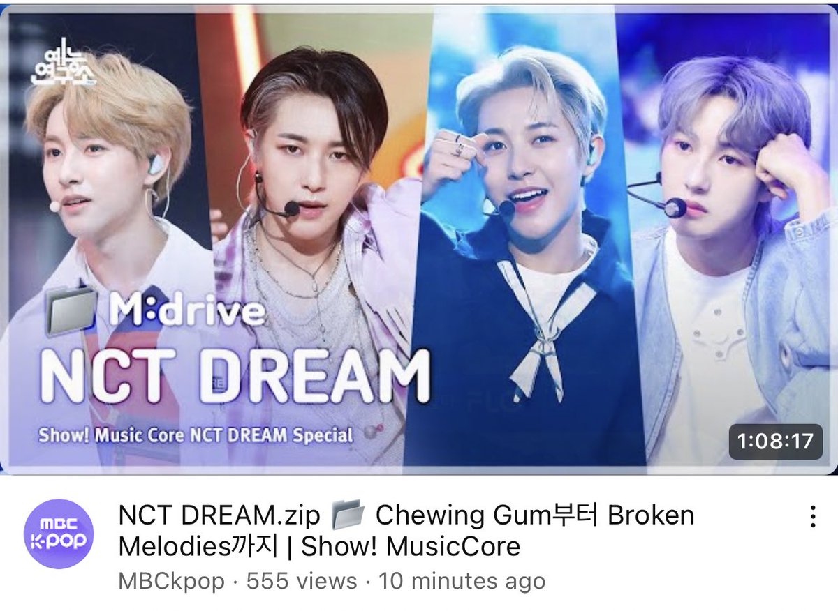 renjun on the thumbnail of mbc kpop's new compilation video featuring nct dream's music core stages from chewing gum to broken melodies! 🥺💛