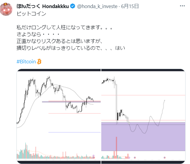 honda_k_investe's tweet photo. ビットコイン
長文です。続きをクリックしてもらうと続きが見れます

（画像１枚目）
ビットコインはあと少しなのに買いが入らない、そんな状況です。ここは以前下落トレンドの始まりでもサポートとして強く機能していたところ、なので今はレジスタンスとして強く機能しています。

前回は４７０日程度続いたレンジ
今回は４１５日程度続いたレンジ
という事からもそろそろ大きいトレンドが出るはず

１枚目の画像に赤い弧、青い弧をそれぞれ書きましたが、弧を描きながら大事なところにぶつかっていくのはとても好きな形です。以前の赤い弧が良い例だと思います。ただ最後の買いが中々でない

（画像２枚目）
前回このサポートを割ったところのボラティリティは非常に激しかったので短気トレーダーは特に気を付けたいところだと思います。今まさにその場所です。ハイレバ勢でここら辺から参加するのは危ない

（画像３枚目、４枚目）
以前ツイートしたロングは８割利確しました。
後は１０日くらい前に追加した現物を放置しています。現物に比重を置いた理由はストップまでの値幅が広い、画像２で説明したようにここはボラティリティが出やすいところだからです。その他現物を追加した理由はあるのですが、ここでは割愛

※下がったらポイントポイントでレバレッジロングはしたいと思います

こんな感じで定期的にリバランスしながらも長期で上を目指していければと思っています。７月も楽しい相場が続くと願っています。

#BTC
