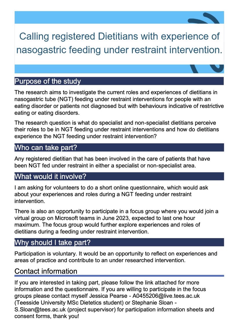 ** Final research call for dietitian’s with experience of nasogastric tube feeding under restraint **  
Both specialist and non specialist MH dietitian’s are invited and encouraged. An opportunity to share a dietitians perspective! <a href="/BDA_PENG/">BDA Parenteral and Enteral Nutrition Group</a> <a href="/bda_gastro/">BDA Gastroenterology Specialist Group</a> <a href="/BDA_Paediatrics/">BDA Paediatric Group</a>