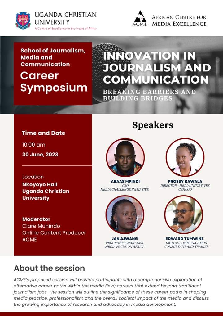 It's the <a href="/UCUniversity/">Uganda Christian University (Official)</a> media and journalism career symposium today and I am excited to join @ACME_Uganda for this innovation session with
<a href="/janajwang/">JanA</a> <a href="/tumwineedward/">Tumwine Edward</a> <a href="/MpindiAbaas/">Mpindi Abaas</a>