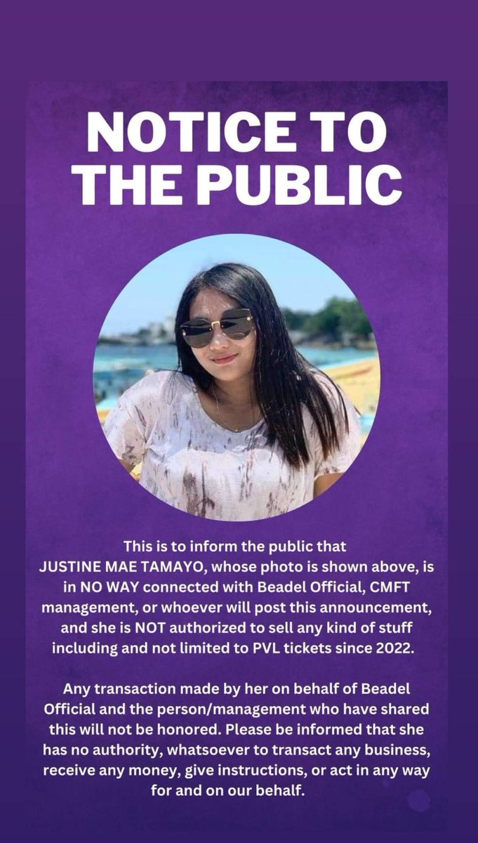 OfficialBeadel's tweet photo. This is to inform you that Justine Mae Tamayo (photo shown below) is not connected with Beadel Official and she is not authorized by the management to sell tickets. Please do not purchase any tickets on her end. Kindly share to the public for awareness. https://t.co/b00qCzmbfF