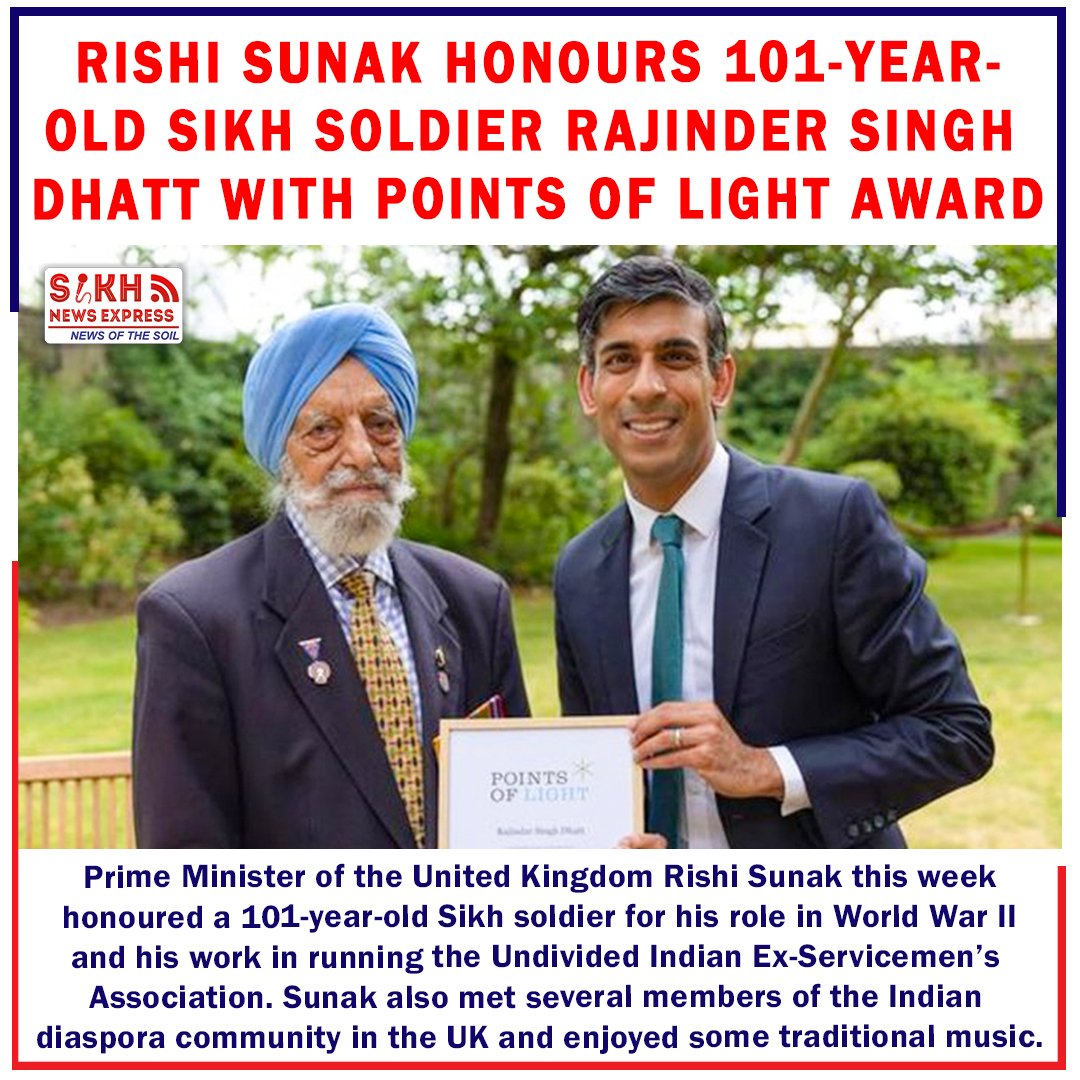 Rishi Sunak honours 101-year-old Sikh soldier with Points of Light award; enjoys music with Indian diaspora

#sikh #PointOfLightAward #RishiSunak #unitedkindom #traditionalmusic #exserviceman #ranjindersinghdhaat