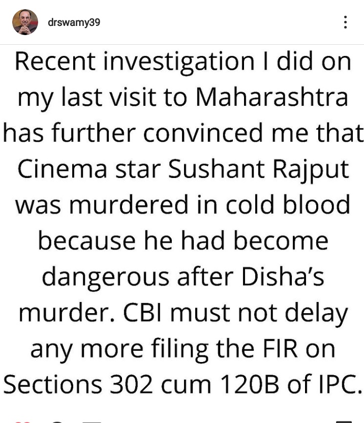 "Sushant was Murdered because he had become dangerous after Disha's death. "

Dr <a href="/Swamy39/">Subramanian Swamy</a>  __

<a href="/CBIHeadquarters/">Central Bureau of Investigation (India)</a> What is stopping you to unfold the truth?

Nation Demand Justice 4 Disha
SUSHANT DISHA DOUBLE MURDER

 <a href="/indSupremeCourt/">Supreme Court of India</a> 

First Step Towards Justice4SSR