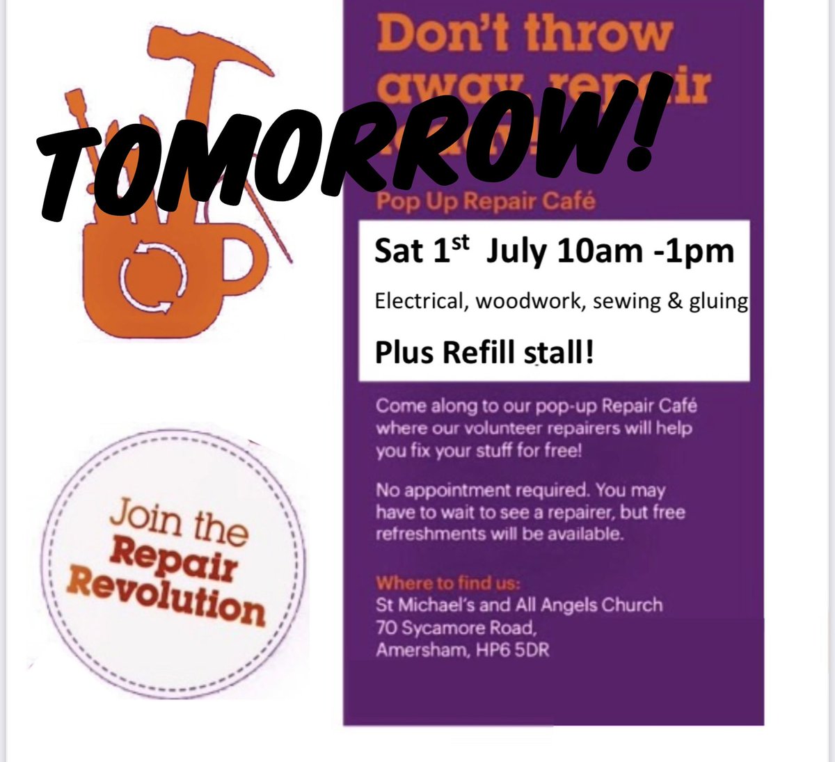 Calling #Amersham & #Chesham residents! Don't forget to bring your broken things to our #Repair Cafe tomorrow. We're on a mission to keep things out of landfill. Join us!

#community #sustainability #repairrevolution