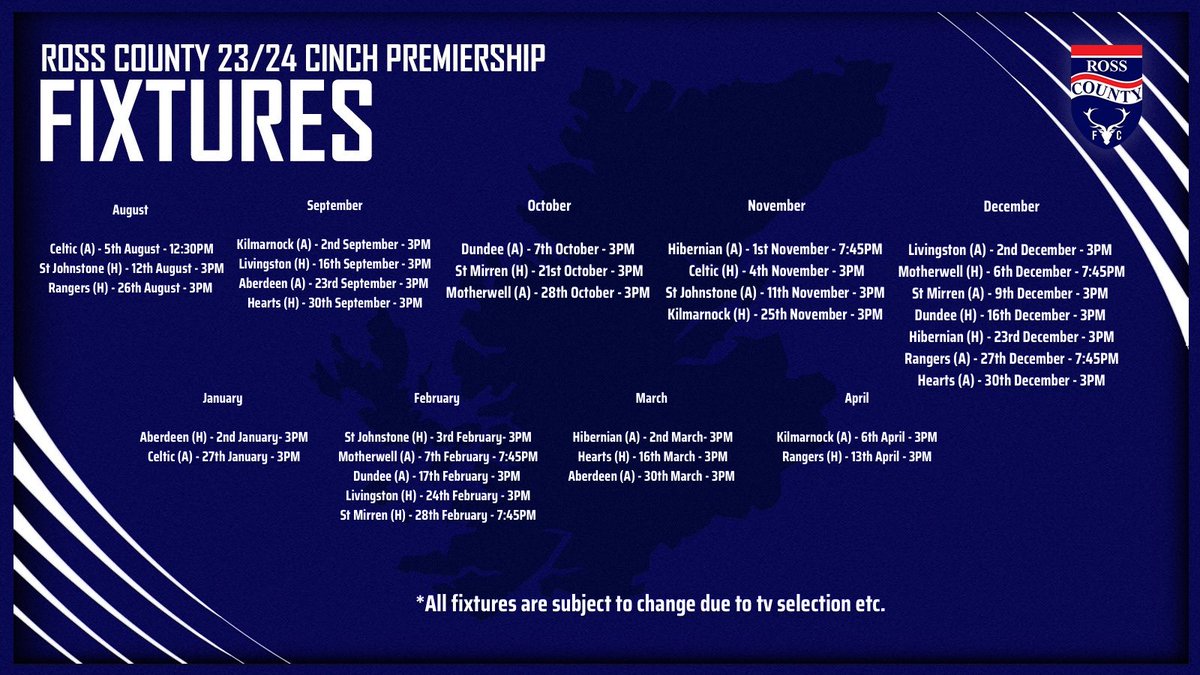 RossCounty's tweet photo. 📅 We begin our cinch Premiership campaign for 23/24 with a trip to face the champions live on @SkySports. 

Full fixtures can be found below. https://t.co/WtYtoNyCny