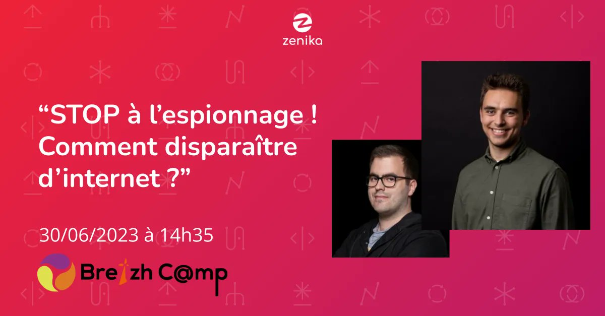 [Conférence] <a href="/zenikaIT/">Zenika</a> Lyon est aussi présent au Breizhcamp de Rennes avec @PopsIDX
et <a href="/CruuzAzul/">Mickael Alves</a> et leur talk "STOP à l’espionnage ! Comment disparaître d’internet ? 🕵🏼‍♂️". Cela se passera aujourd'hui à 14h35 amphi B. A ne pas manquer ! <a href="/zenika/">ZENIKA</a>