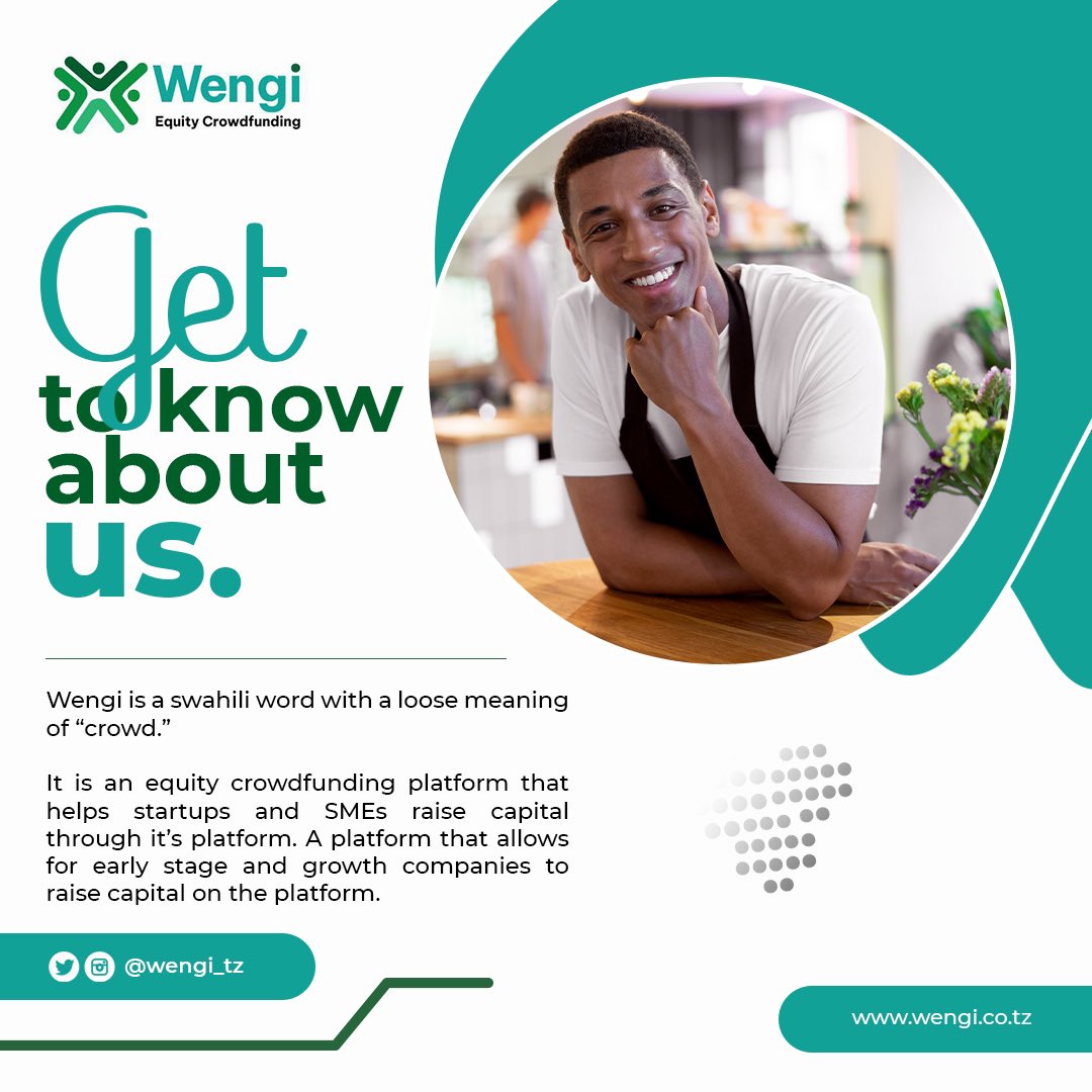 wengi_tz's tweet photo. Equity crowdfunding ni moja ya njia zinazoweza kusaidia kutatua changamoto za upatikanaji wa mitaji.

Wengi ni “equity crowdfunding platform” ikiwa ni moja ya juhudi zetu kutatua changamoto za mitaji Tanzania na Africa.

Tembelea https://t.co/utjvCUu8vH https://t.co/dZy8zrOkDk