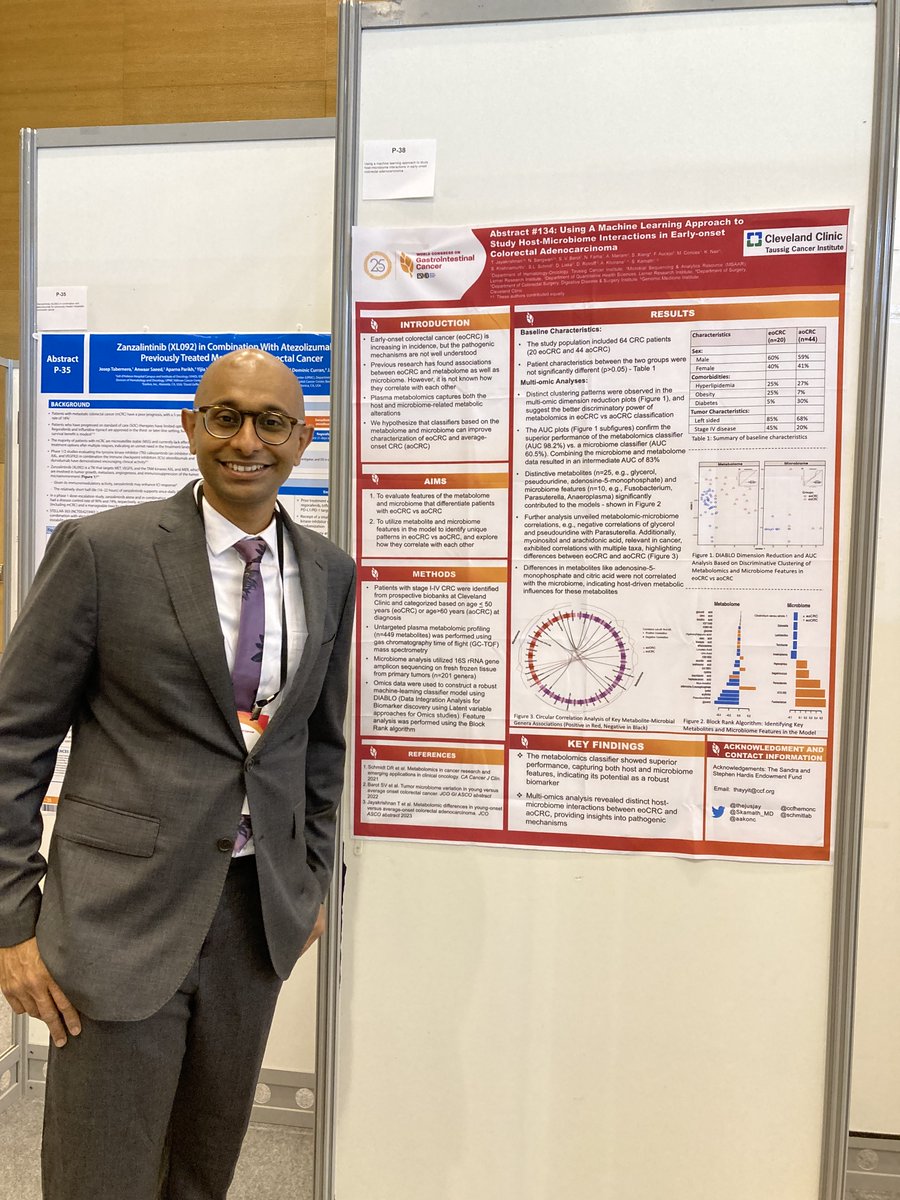 Check out our poster “Using A #MachineLearning  Approach to Study Host-#microbiome Interactions in Early-onset #CRC” 
Poster 28, today  @WCGIC  #WCGIC2023 #firstWCGI
@sangwan_naseer @aakonc @SKamath_MD @ShimoliBarot @smitha42  @ccfhemonc