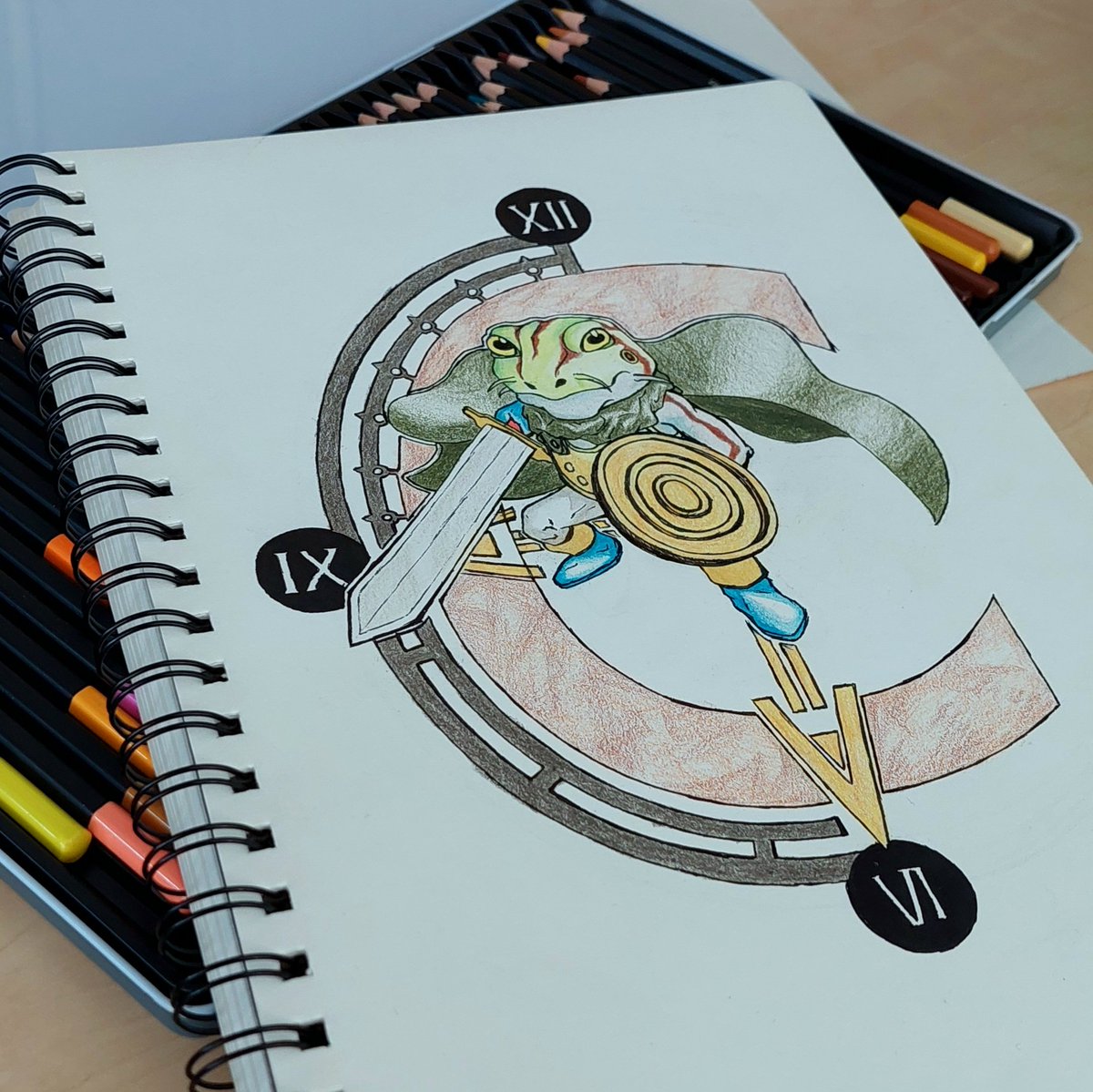 GiftOfDeath_'s tweet photo. #Frog from Chrono Trigger. Don't usually do coloured pencils. Screwed up the inking a bit but decided to finish it anyway for the sake of practice. xd

Might try to do a larger watercolour version later.
May have been subconsciously inspired by @JoshStrifeHayes CT video. https://t.co/7FpmL7VcrL