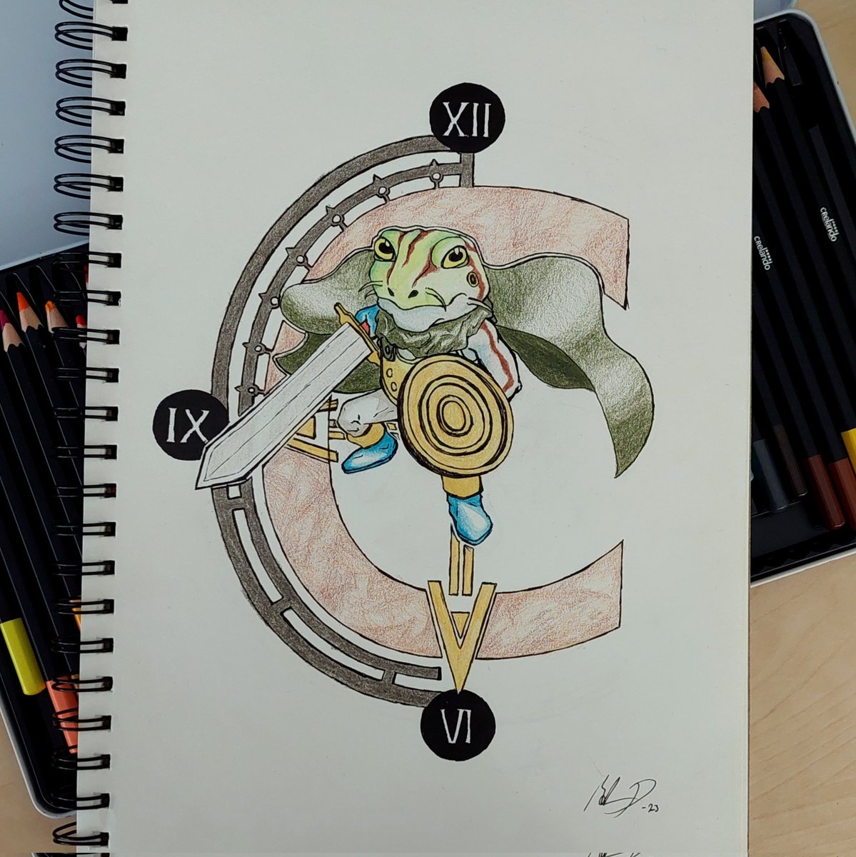 GiftOfDeath_'s tweet photo. #Frog from Chrono Trigger. Don't usually do coloured pencils. Screwed up the inking a bit but decided to finish it anyway for the sake of practice. xd

Might try to do a larger watercolour version later.
May have been subconsciously inspired by @JoshStrifeHayes CT video. https://t.co/7FpmL7VcrL