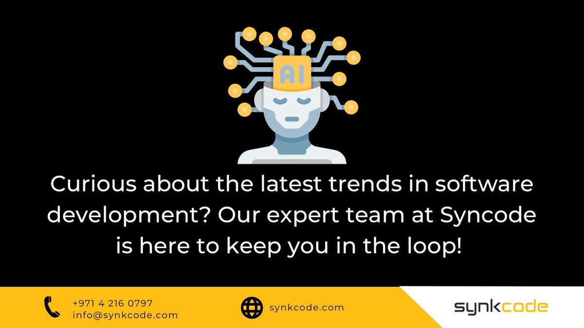 synkcode's tweet image. Stay ahead of the curve with Synkcode!
Contact us, to take your business to the next level with AI.
#SoftwareDevelopment #TechTrends #ITsolutions