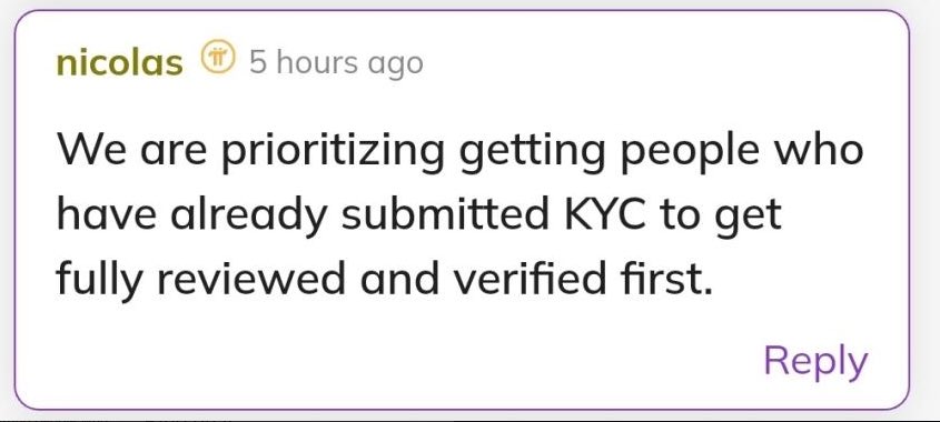 Dr. Pi (@pi_coins) on Twitter photo ✅ <a href="/nkokkalis/">Nicolas Kokkalis</a> talked about KYC✅
“We are prioritizing getting people who have already submitted KYC to get fully reviewed and verified first”.
How long to solve it?
#Pi #PiNetwork #Pioneers #Picoins #Picommunity #Pi2Day #DeFi #Crypto #PiHackathon #Web3 #PiCoreTeam #PiKYC ✅ <a href="/nkokkalis/">Nicolas Kokkalis</a> talked about KYC✅
“We are prioritizing getting people who have already submitted KYC to get fully reviewed and verified first”.
How long to solve it?
#Pi #PiNetwork #Pioneers #Picoins #Picommunity #Pi2Day #DeFi #Crypto #PiHackathon #Web3 #PiCoreTeam #PiKYC
