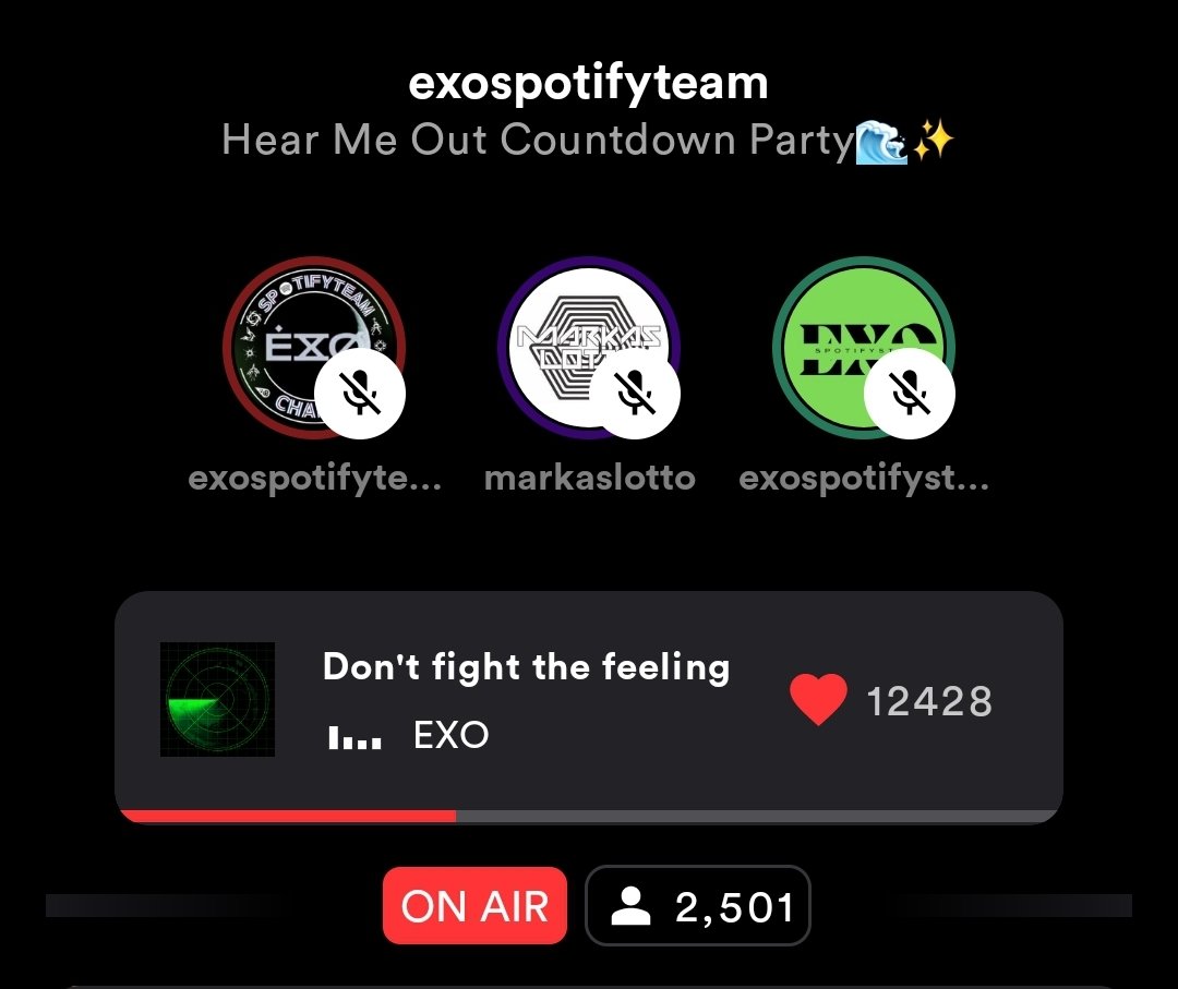 We reached 2.5k listeners while Don't Fight The Feeling is playing 🙇‍♂️ 

Bow down to our queen DFTF 🫡

🔗stationhead.com/exospotifyteam

#EXOLsOnStationhead
#LetMeInbyEXO #EXO_EXIST
#EXO #엑소 @weareoneEXO