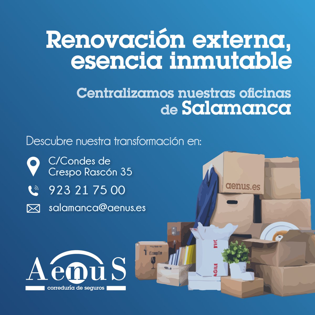 A partir del 1 de Julio, te invitamos a que nos visites y disfrutes del mejor asesoramiento en nuestras nuevas oficinas situadas en C/Condes de Crespo Rascón 35.

Seguimos modernizando e innovando en cada paso que damos.