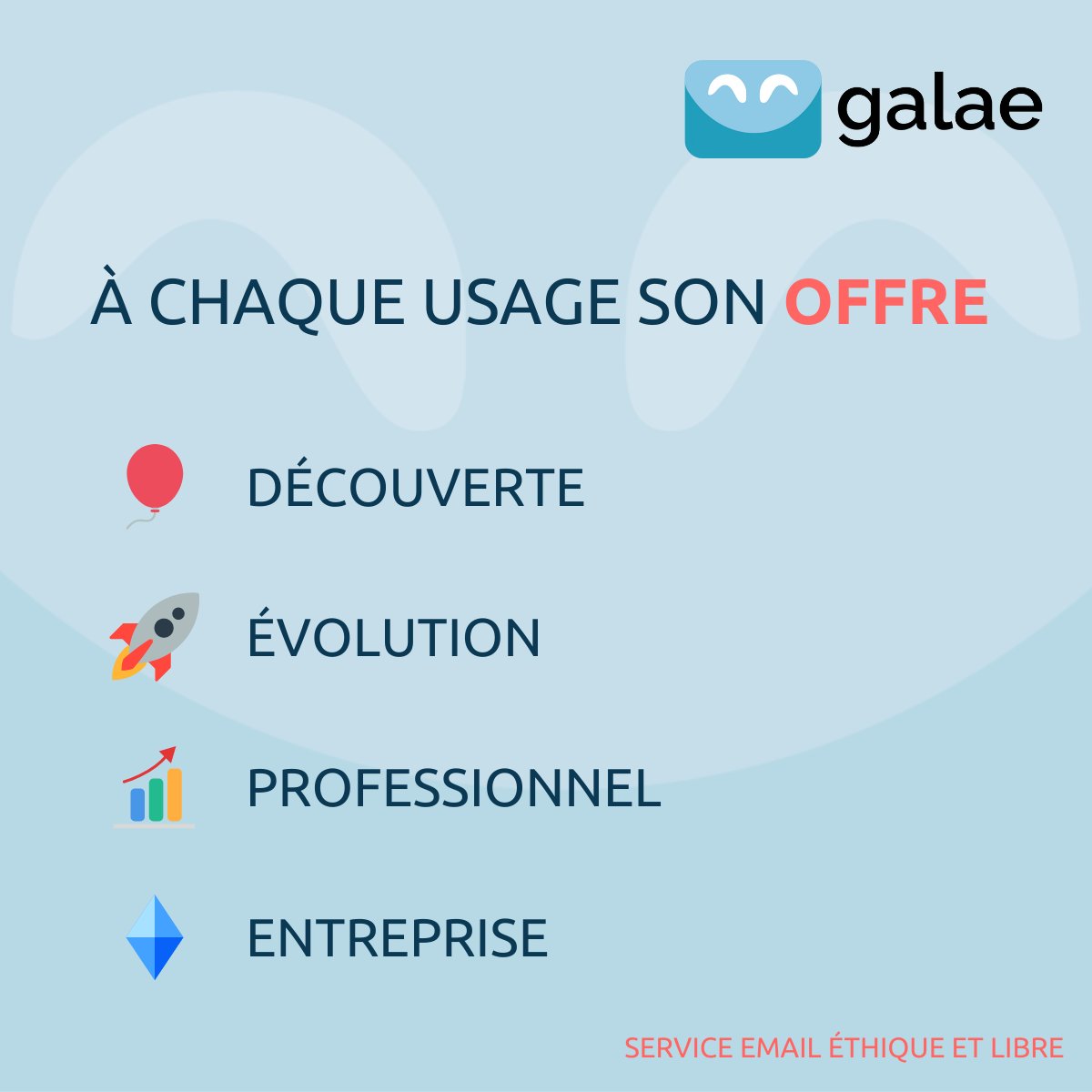 algoo (@algoofr) on Twitter photo Galae c'est 4 offres de service email ajustées pour un usage personnel, professionnel ou technique :
🎈 Découverte
🚀 Évolution
📊 Professionnel
💎 Premium
✅Toutes les offres comprennent le support et des domaines illimités.
Accédez à la prévente : fr.ulule.com/galae-le-servi… Galae c'est 4 offres de service email ajustées pour un usage personnel, professionnel ou technique :
🎈 Découverte
🚀 Évolution
📊 Professionnel
💎 Premium
✅Toutes les offres comprennent le support et des domaines illimités.
Accédez à la prévente : fr.ulule.com/galae-le-servi…