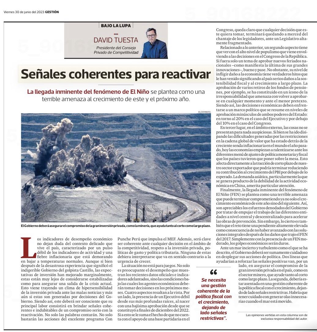 ¿#ReactivaciónEconómica? El objetivo se complica ante (i) Ejecutivo débil; (ii) populismo congresal; (iii) ralentizado contexto mundial; (iv)#FenómenoDelNiño. Necesario q todas las señales que dé el gobierno sean coherentes para mover expectativas y generar #InversiónPrivada.