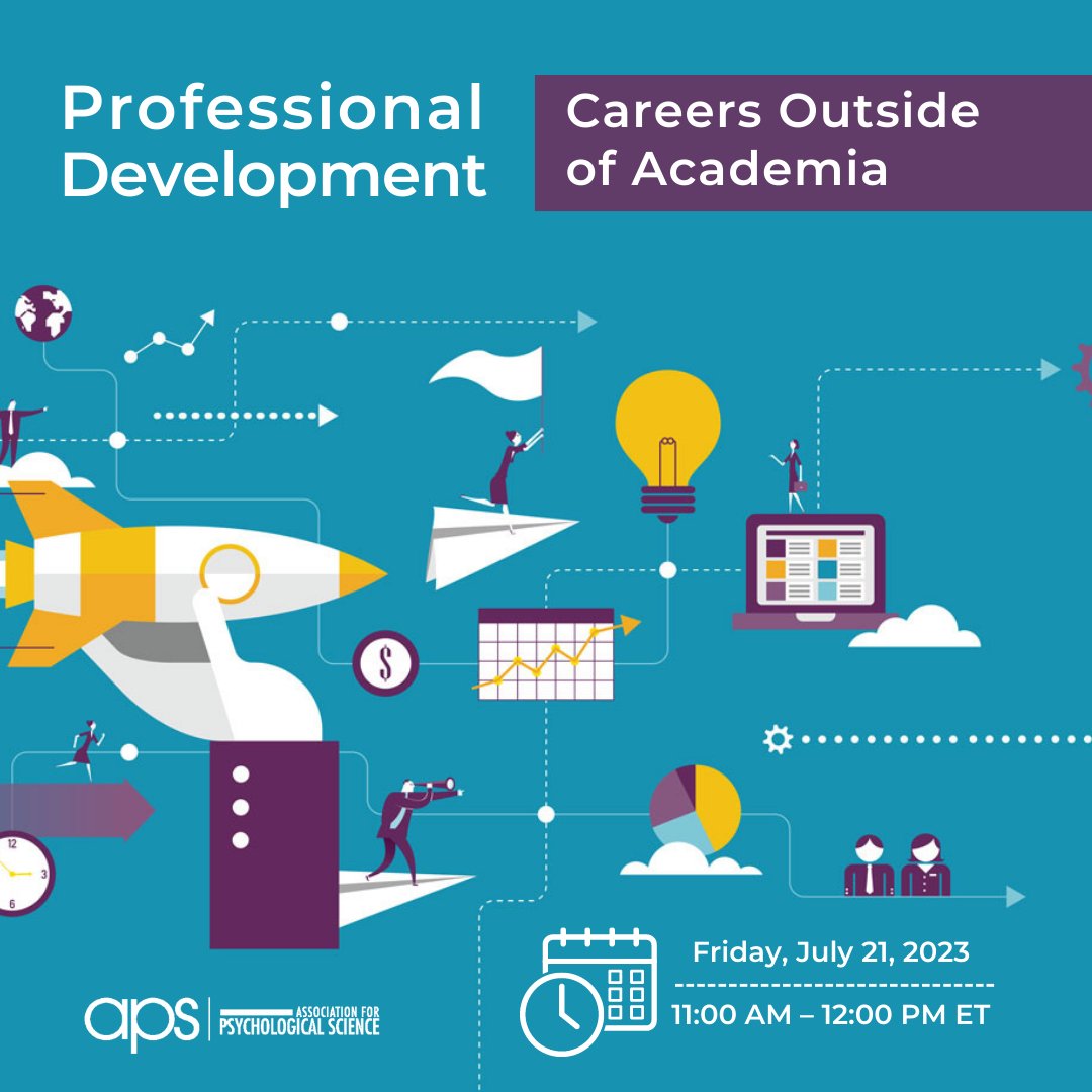 Register for this July 21 APS webinar! Psychological scientists with careers outside of academia share their experiences and answer your questions about how to land and navigate a non-academic job. <a href="/ProfWendyWood/">Wendy Wood</a> <a href="/kadesoto/">Andy DeSoto</a> <a href="/mabsmith/">Melissa Smith</a> #withaphd #altac bit.ly/3r3tOSt