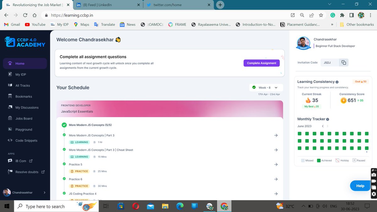 chandukuruvaa's tweet photo. Hello Folks
I've completed my JS CODING PRACTICE 10 and also completed my 30 days streak with consistency #makejunegreen💚
Thanks to @rahulattuluri @sashankreddy07 @girishakash13 @avinashdara @nxtwave_tech
#makejunegreen #1hourofcode #javascriptlearning #ccbphour #ccbpacademy https://t.co/6fpC7GerZD
