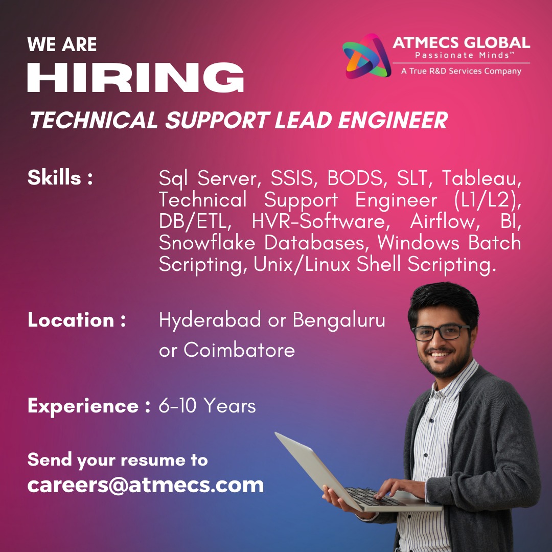 ATMECS's tweet photo. We are hiring!
#TechnicalSupport #SQL #Tableau #WindowsBatchScripting #BatchScripting #BengaluruJobs #bangalorejobs #hyderabadjobs #coimbatorejobs https://t.co/Ji0Z01Oiy6