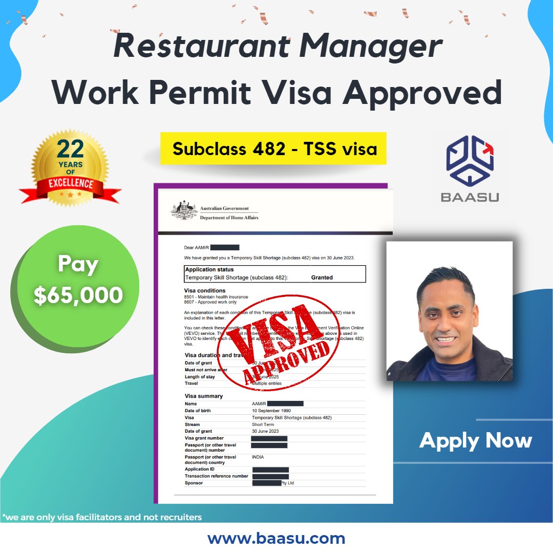 🎉 Hey everyone, let's all give a big shout-out to Aamir for nailing it and getting his Australian work permit visa approved! 🇦🇺👏 

#skilledworkervisa #restaurantmanager #visaapproved #successstory  #baasu #australiavisa #australia
