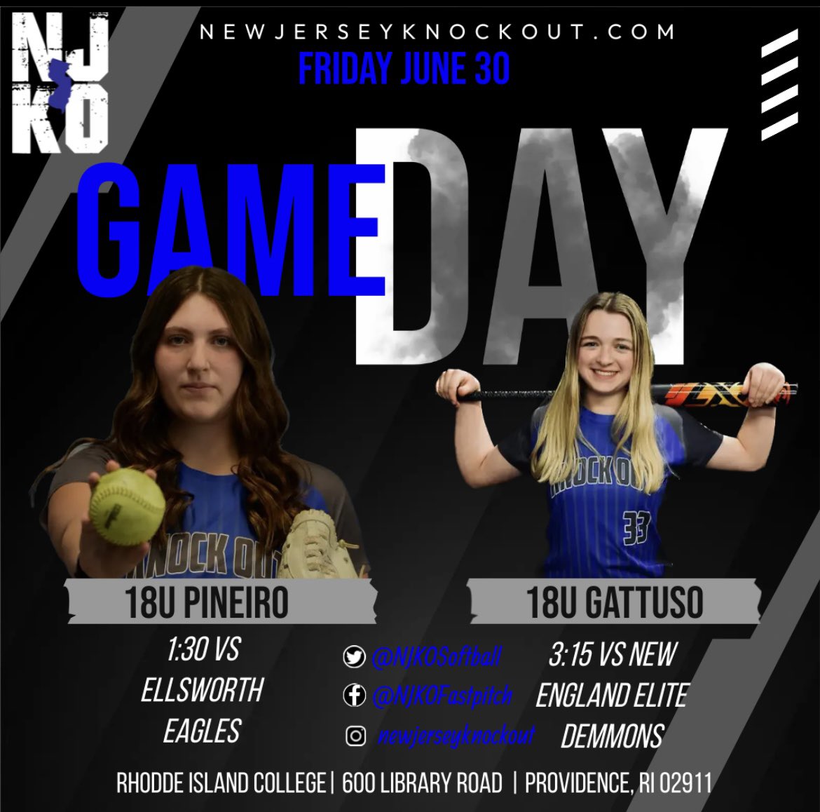 Game Day in Rhode Island for both 18U NJKO teams. Both teams are at Rhode Island College today. 18U Pineiro start time is 1:30, followed up by 18U Gattuso at 3:15!! Go get it ladies!!!