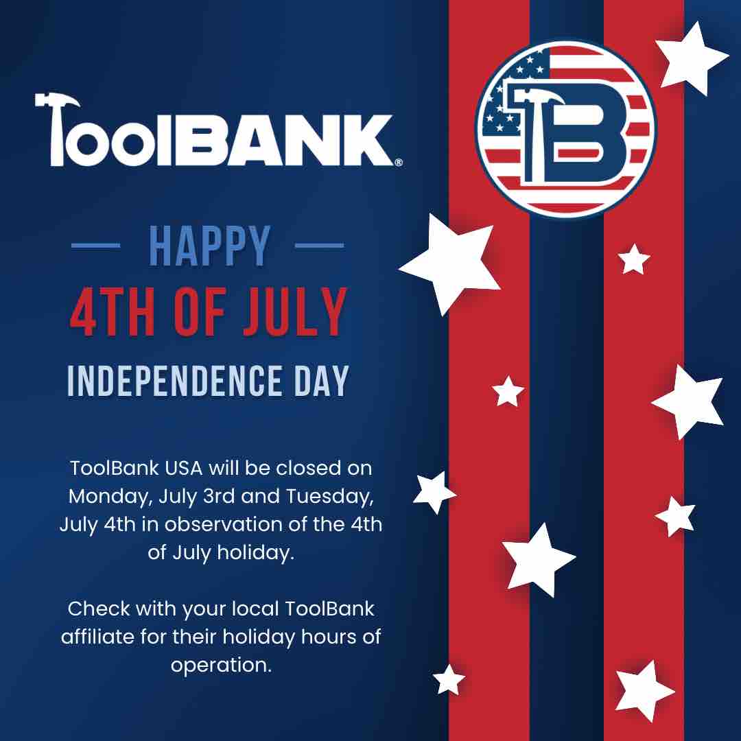 ToolBankUSA's tweet image. Happy 4th of July from the ToolBank USA team! We will be closed on Monday, July 3 and Tuesday, July 4 in observation of the 4th of July holiday.

Check with your local ToolBank affiliate for their holiday hours of operation.

#toolbank #toolsforchange #4thofjuly #independenceday