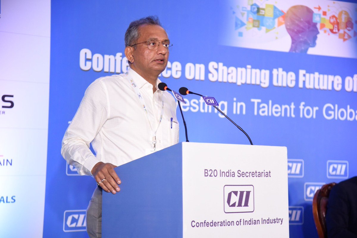 b20's tweet photo. At the B20 India Conference on Future of Jobs, held today in Bangalore, Secretary, MSDE, Shri Atul Kumar Tiwari highlights "Work, Workers, and Workforce" framework, he stressed the need to embrace the evolving skilling landscape. Academia-Industry alignment and upskilling efforts can boost GDP by 6.14-10%. @MSDESkillIndia @CII_Skills @CII4SR