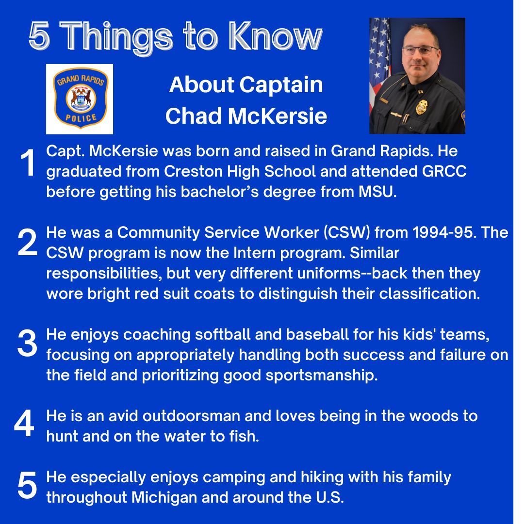 GrandRapidsPD's tweet photo. It's #5ThingsFriday! Captain Chad McKersie leads the Support Services Division, which includes the Records Unit, Information Technology services for the department, the 911 Emergency Communications Center operations, and the Property Management Unit. https://t.co/rEu68jqQ2l